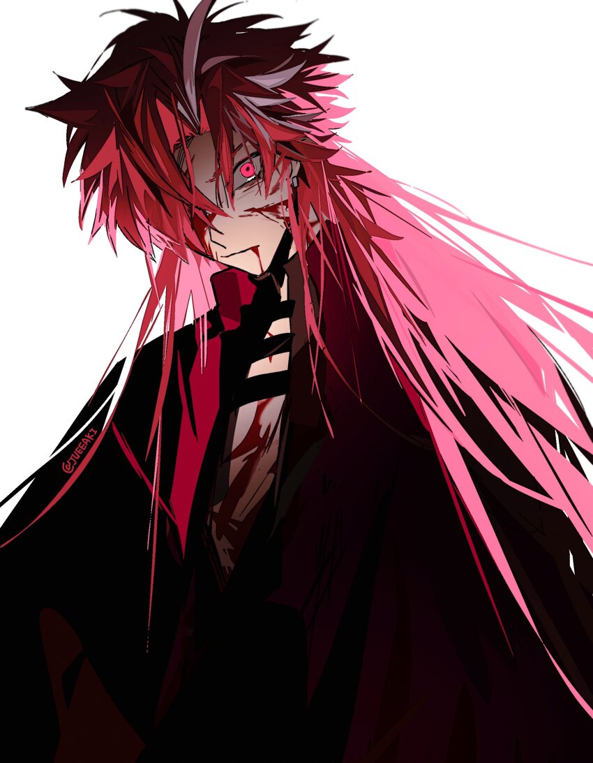 1boy, absurdres, black_kimono, blood, blood_from_mouth, blood_on_face, closed_mouth, crazy_eyes