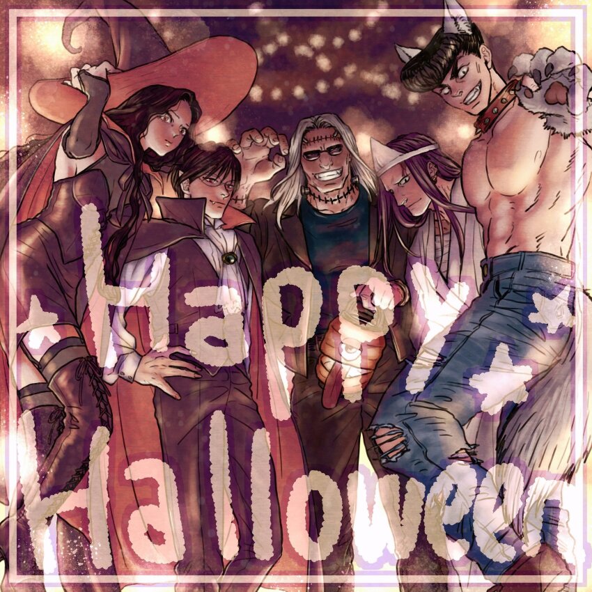 1girl, 4boys, alternate_costume, animal_costume, animal_ears, large_nose, claw_pose, feet_out_of_frame