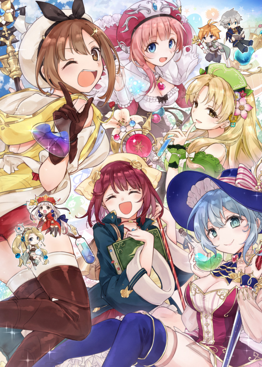 2boys, 6+girls, :d, ;d, ascot, atelier_(series), atelier_ayesha, atelier_iris, atelier_judie, atelier_marie, atelier_rorona, atelier_ryza, atelier_sophie, ayesha_altugle, beret, blonde_hair, blue_coat, blue_eyes, blue_hair, blue_headwear, blush, book, boots, bottle, bow, breasts, brown_eyes, brown_footwear, brown_gloves, brown_hair, cape, capelet, chibi, cleavage, closed_eyes, coat, collared_coat, dress, felt_blanchimont, finger_to_mouth, flask, flower, gloves, green_headwear, hair_between_eyes, hair_flower, hair_ornament, hairband, hairclip, hat, hat_bow, headscarf, highres, holding, holding_book, holding_flask, holding_staff, hood, hood_down, hooded_jacket, in-franchise_crossover, index_finger_raised, jacket, judith_volltone, karasumi_(aiseec), long_hair, long_sleeves, looking_at_viewer, low-tied_long_hair, mana_khemia_(series), marlone, medium_breasts, multiple_boys, multiple_girls, nelke_to_densetsu_no_renkinjutsushi_tachi, nelke_von_lestamm, one_eye_closed, open_mouth, pants, pink_flower, pink_hair, ponytail, red_hair, red_headwear, red_shorts, reisalin_stout, rorolina_frixell, round-bottom_flask, short_hair, short_shorts, shorts, side_ponytail, sleeveless, sleeveless_jacket, smile, sophie_neuenmuller, staff, star_(symbol), striped_bow, teeth, thigh_boots, thighhighs, upper_teeth_only, vayne_aurelius, white_headwear, white_thighhighs, wide_sleeves, wrist_cuffs, yellow_headscarf, yellow_jacket