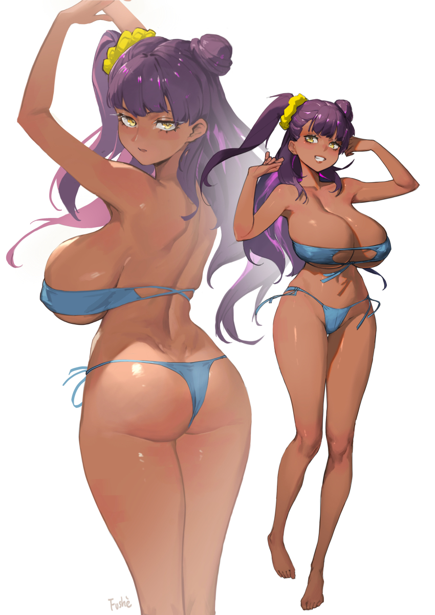 1girl, absurdres, adaku_okoro, armpits, arms_up, ass, bare_legs, bare_shoulders, barefoot, bikini, blue_bikini, blue_eyes, blush, breasts, cleavage, collarbone, commission, dark-skinned_female, dark_skin, eyepatch_bikini, full_body, fushe, grin, hair_bun, hair_ornament, highleg, highleg_bikini, highres, huge_breasts, long_hair, looking_at_viewer, micro_bikini, multiple_views, navel, original, parted_lips, purple_hair, side-tie_bikini_bottom, simple_background, skindentation, smile, standing, string_bikini, swimsuit, tatakau_ni_atai_suru, white_background, yellow_eyes