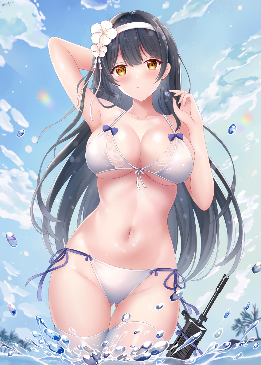 1girl, absurdres, arm_behind_head, arm_up, bikini, black_hair, blue_sky, blush