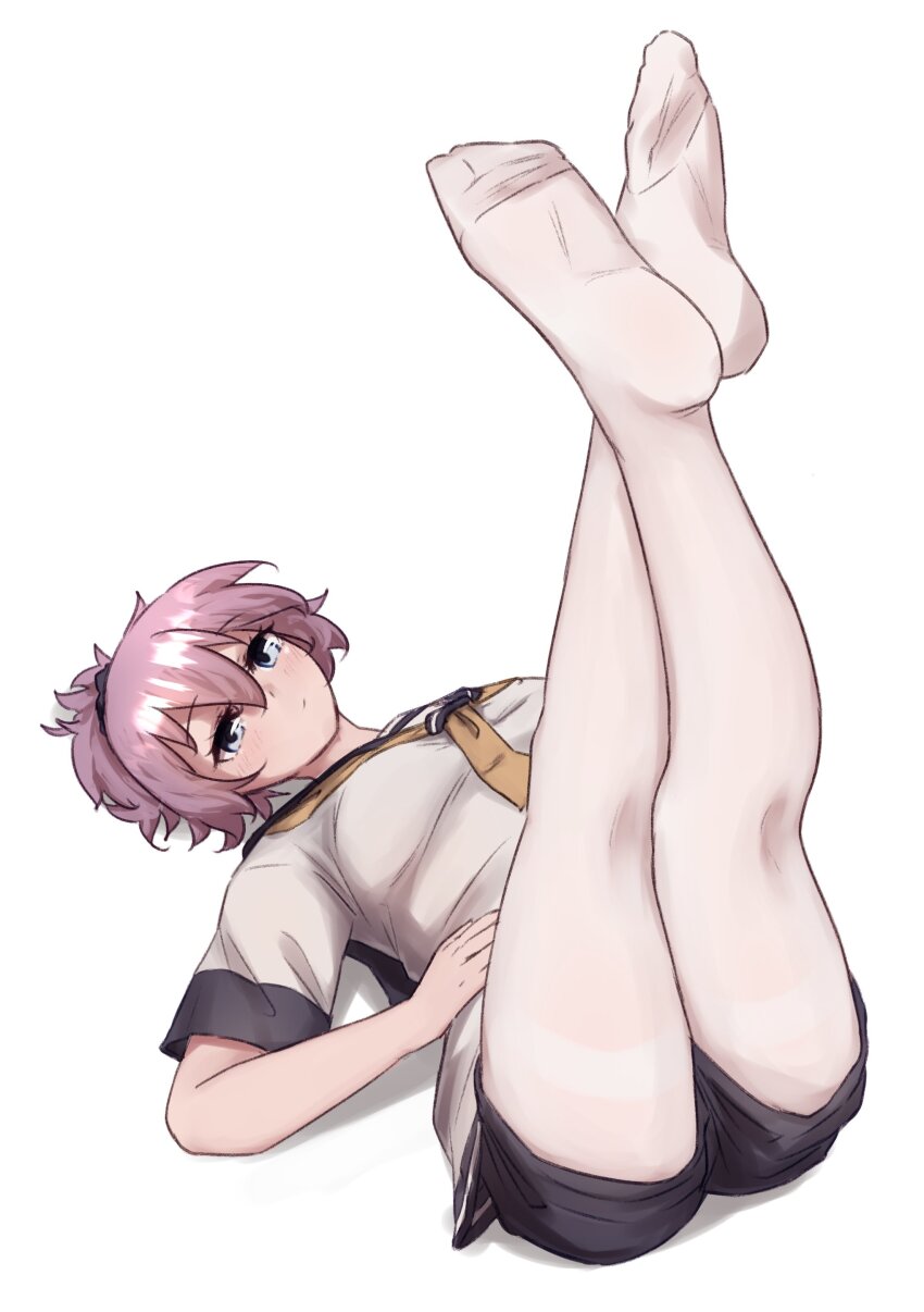 1girl, absurdres, aoba_(kancolle), black_scrunchie, blue_eyes, feet, hair_ornament, hair_scrunchie, highres, ikadamo, kantai_collection, legs_up, lying, messy_hair, neckerchief, pantyhose, ponytail, purple_hair, purple_sailor_collar, purple_shorts, sailor_collar, sailor_shirt, scrunchie, shirt, shorts, simple_background, soles, solo, white_background, white_pantyhose, white_shirt, yellow_neckerchief