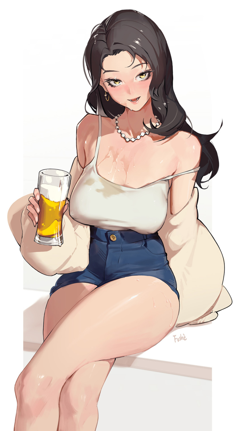 1girl, alcohol, bare_shoulders, beer, blush, breasts, camisole, collarbone