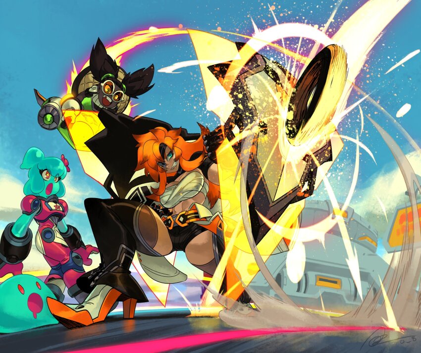 +_+, 3girls, alex_ahad, armor, asher_(omega_strikers), black_hair, black_shorts, blocking