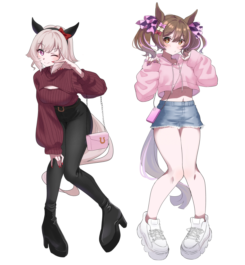 2girls, ;), absurdres, animal_ears, ankle_boots, bag, bare_legs, belt_buckle