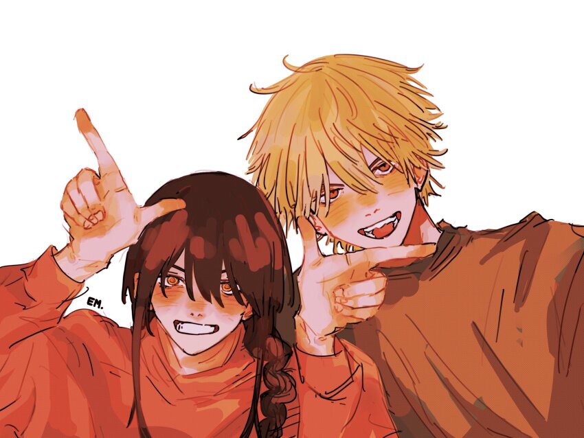 1boy, 1girl, black_hair, blonde_hair, braid, braided_ponytail, chainsaw_man, denji_(chainsaw_man), emzok, horns_pose, hair_over_shoulder, highres, looking_at_viewer, medium_hair, nayuta_(chainsaw_man), open_mouth, parted_lips, ringed_eyes, short_hair, simple_background, smile, white_background, yellow_eyes