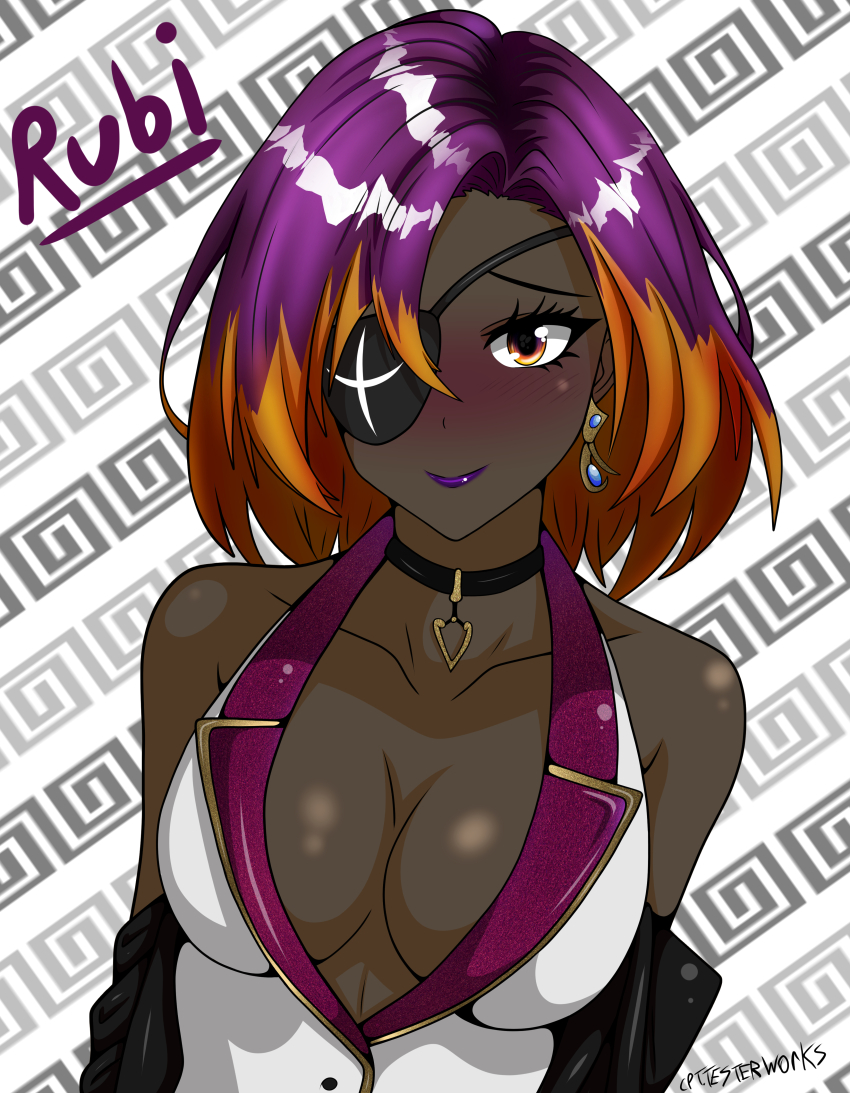 absurdres, blazer, blush, breasts, choker, cleavage, collarbone, cpt.tester_works, dark-skinned_female, dark_skin, ear_piercing, earrings, eyepatch, forehead, gold, gold_trim, highres, jacket, jewelry, lipstick, looking_at_viewer, makeup, medium_breasts, medium_hair, multicolored_eyes, multicolored_hair, operator_(warframe), orange_eyes, orange_hair, piercing, purple_eyes, purple_hair, rubi_(cpt.tester), warframe