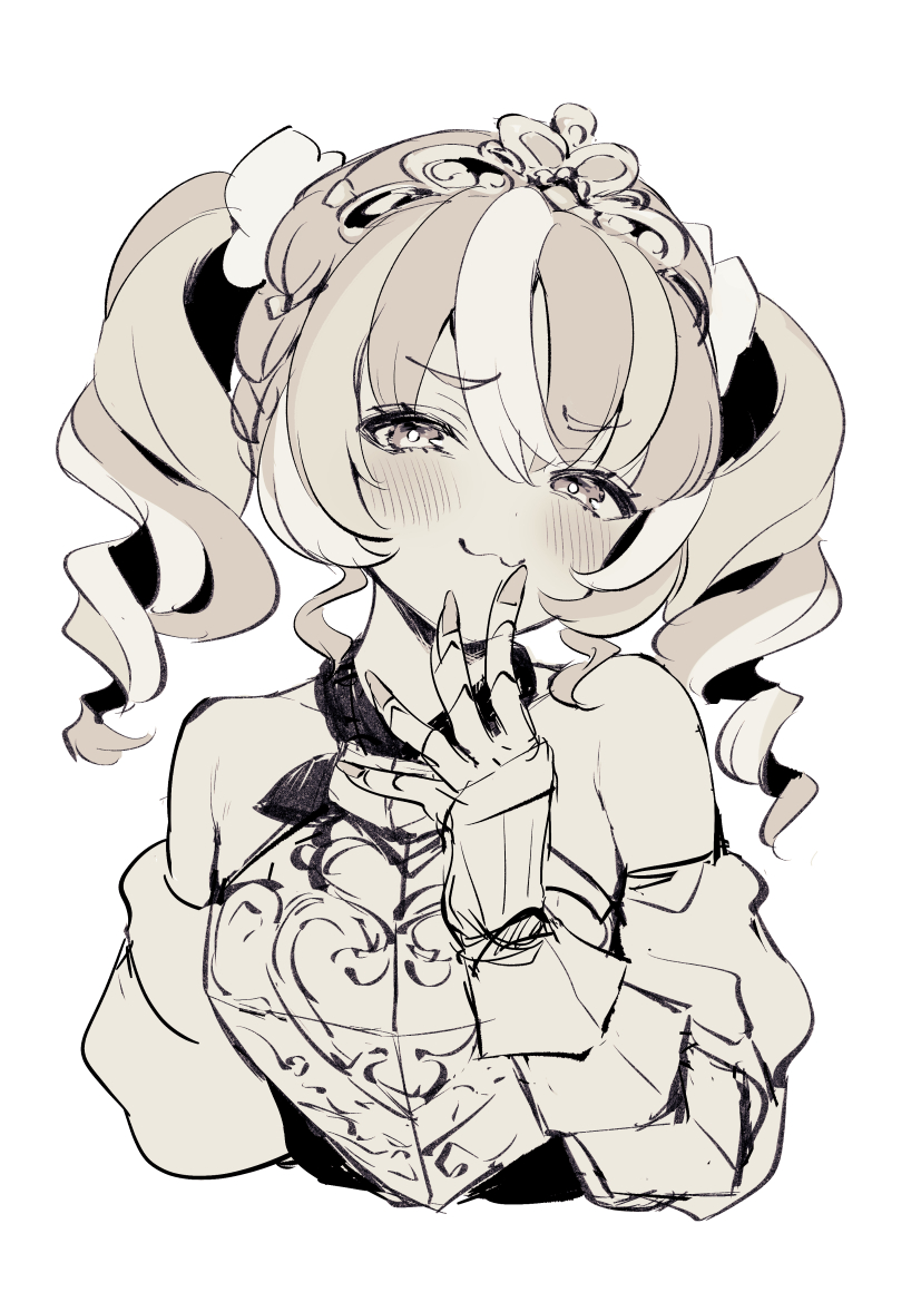 1girl, :3, bare_shoulders, blush, calm_mashiro, cropped_torso, drill_hair, etrian_odyssey