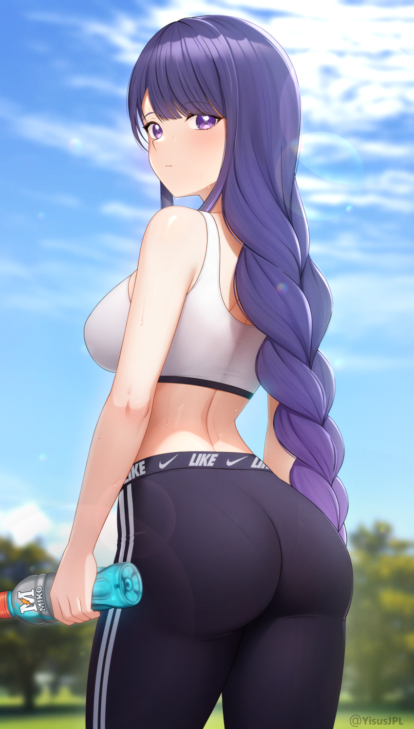 1girl, alternate_costume, ass, blue_sky, bottle, braid, brand_name_imitation, breasts, cloud, cowboy_shot, day, genshin_impact, highres, holding, holding_bottle, large_breasts, long_hair, low-braided_long_hair, low-tied_long_hair, outdoors, pants, purple_eyes, purple_hair, raiden_shogun, sky, solo, sports_bra, sports_drink, sportswear, very_long_hair, yisusjpl, yoga_pants