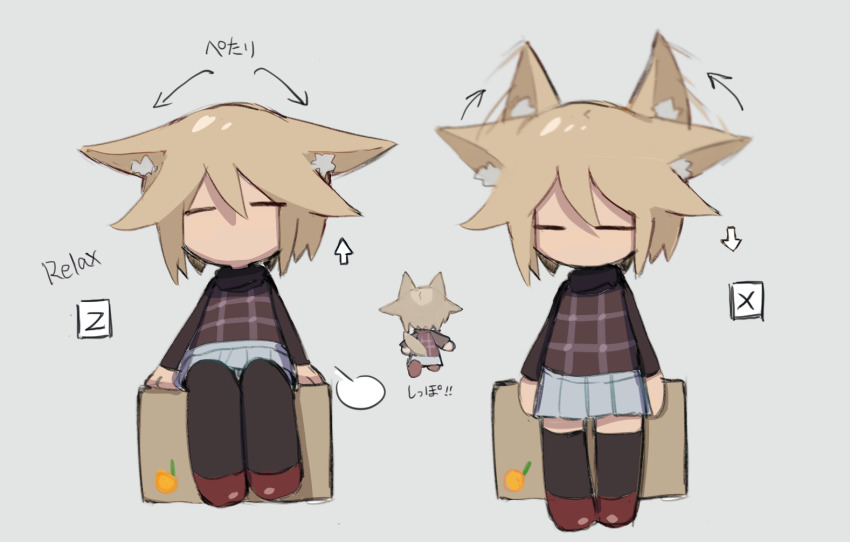 1girl, =_=, afterimage, animal_ear_fluff, animal_ears, arms_at_sides, arrow_(symbol), box