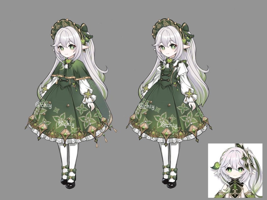 alternate_costume, black_footwear, bonnet, child, chinese_commentary, commentary_request, cross-shaped_pupils, dress, full_body, genshin_impact, gradient_hair, green_dress, green_eyes, green_hair, half_updo, highres, lolita_fashion, long_hair, long_sleeves, multicolored_hair, nahida_(genshin_impact), official_art_inset, pantyhose, pointy_ears, reference_inset, smile, symbol-shaped_pupils, white_hair, white_pantyhose, yizhe
