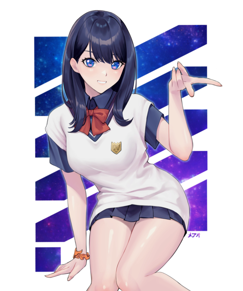 1girl, black_hair, black_skirt, blush, bow, bowtie, breasts, gridman_universe