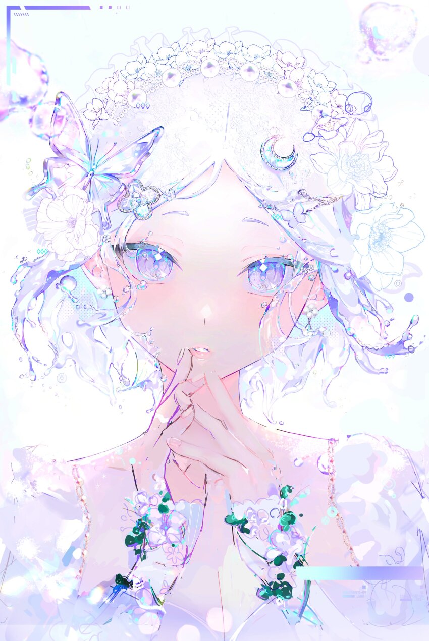 1girl, absurdres, breasts, bubble, bug, butterfly, butterfly_hair_ornament, cleavage