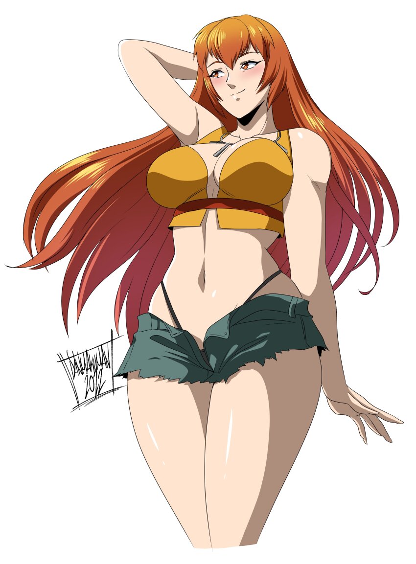 1girl, 2022, absurdres, arm_at_side, arm_behind_head, armpits, black_panties, blush