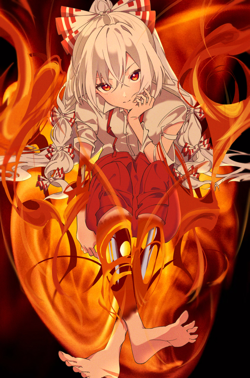 1girl, absurdres, barefoot, bone, burning, crossed_ankles, artistic_error, fire