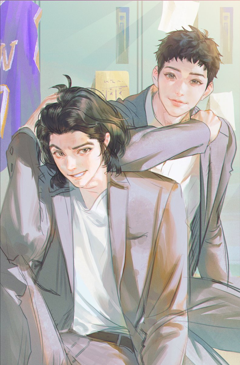 2boys, arm_up, basketball_uniform, belt, black_hair, brown_eyes, closed_mouth, coat, commentary_request, grey_coat, grey_pants, hand_in_own_hair, highres, indoors, jin_souichirou, jnkku, kiyota_nobunaga, korean_commentary, locker, long_sleeves, looking_at_viewer, male_focus, medium_hair, multiple_boys, note, open_clothes, open_coat, pants, parted_lips, school, school_uniform, shirt, short_hair, slam_dunk_(series), smile, sportswear, white_shirt