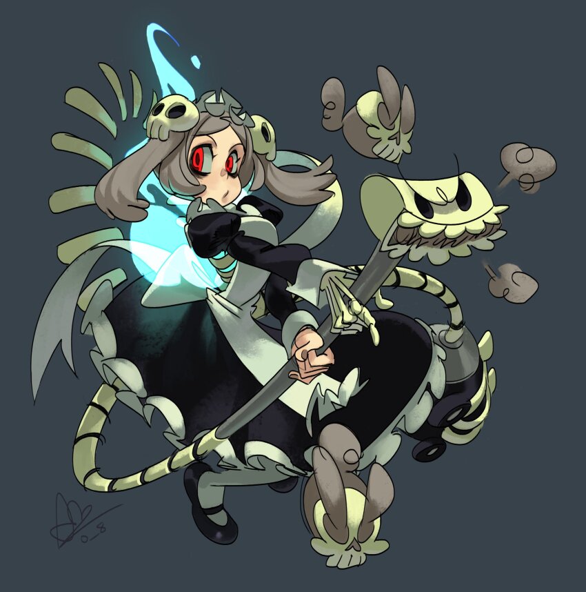 1girl, alex_ahad, back_bow, black_nails, bloody_marie_(skullgirls), bow, dress, dust, dust_bunny_(skullgirls), energy, fire, frilled_dress, frills, grey_background, grey_hair, highres, looking_to_the_side, maid_headdress, mary_janes, pantyhose, red_eyes, shoes, skeletal_arm, skull, skullgirls, solo, twintails, vacuum_cleaner