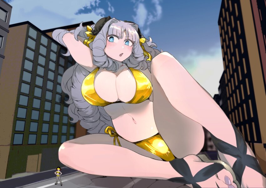 2girls, :o, barefoot_sandals_(jewelry), bikini, blush, breasts, city, cloud