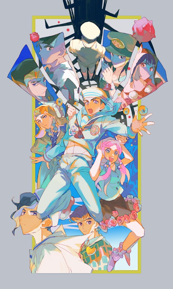 black_hair, bubble, dixie_cup_hat, everyone, hat, higashikata_daiya, higashikata_jobin, higashikata_joshu, higashikata_josuke_(jojolion), hirose_yasuho, jojo_no_kimyou_na_bouken, jojolion, kira_yoshikage_(jojolion), kujo_josefumi, kuujou_josefumi, mamezuku_rai, midriff_peek, military_hat, nijimura_kei, pink_hair, rokakaka, sailor_hat, senzzang, tree