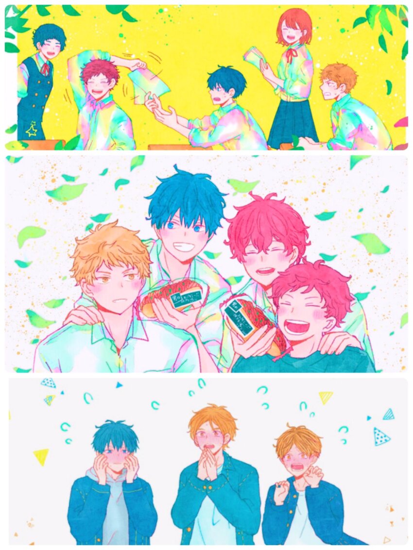 2girls, 3koma, 4boys, bibibimix39, blonde_hair, blue_eyes, blue_hair, blush, comic, food, given, highres, kasai_ayano, kashima_hiiragi_(given), kurihara_waka, multiple_boys, multiple_girls, nakayama_haruki, open_mouth, paper, red_hair, ryou_ueki, satou_mafuyu, school, shogo_itaya, smile, tagme, teeth, uenoyama_ritsuka, white_background, yellow_eyes