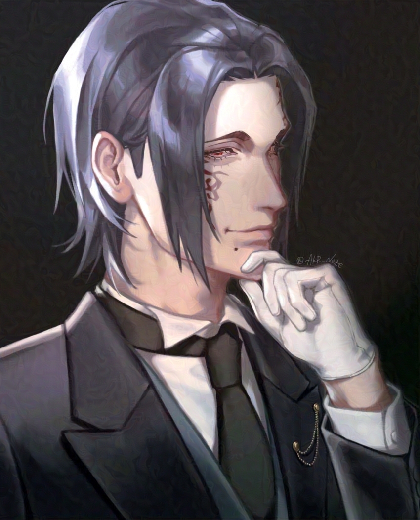 1boy, akr_noze, black_background, black_hair, black_jacket, black_necktie, butler, facial_mark, from_side, gloves, hand_on_own_chin, hermes_(shuumatsu_no_valkyrie), highres, jacket, male_focus, necktie, red_eyes, shirt, shuumatsu_no_valkyrie, sidelocks, smile, twitter_username, vest, white_gloves, white_shirt