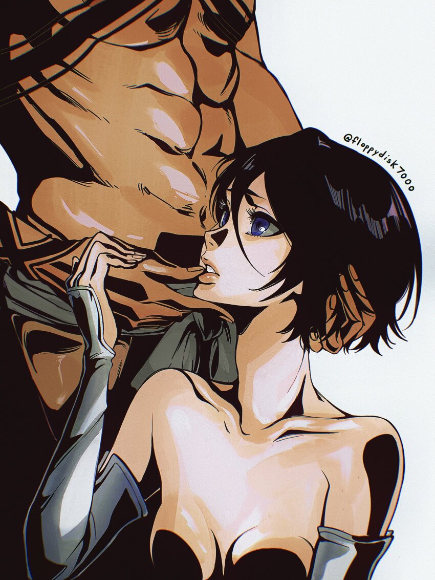 1boy, 1girl, abs, bare_shoulders, black_hair, bleach, bob_cut, body_markings, breasts, collarbone, commentary, cropped_torso, elbow_gloves, english_commentary, floppydisk7000, from_side, gloves, hand_on_another's_face, hand_on_another's_hand, hand_on_another's_head, highres, kuchiki_rukia, kurosaki_ichigo, looking_up, muscular, muscular_male, navel, parted_lips, pectorals, purple_eyes, short_hair, simple_background, small_breasts, twitter_username, upper_body, white_background