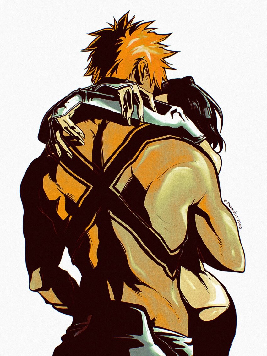 1boy, 1girl, arms_around_neck, back, black_hair, bleach, bob_cut, body_markings