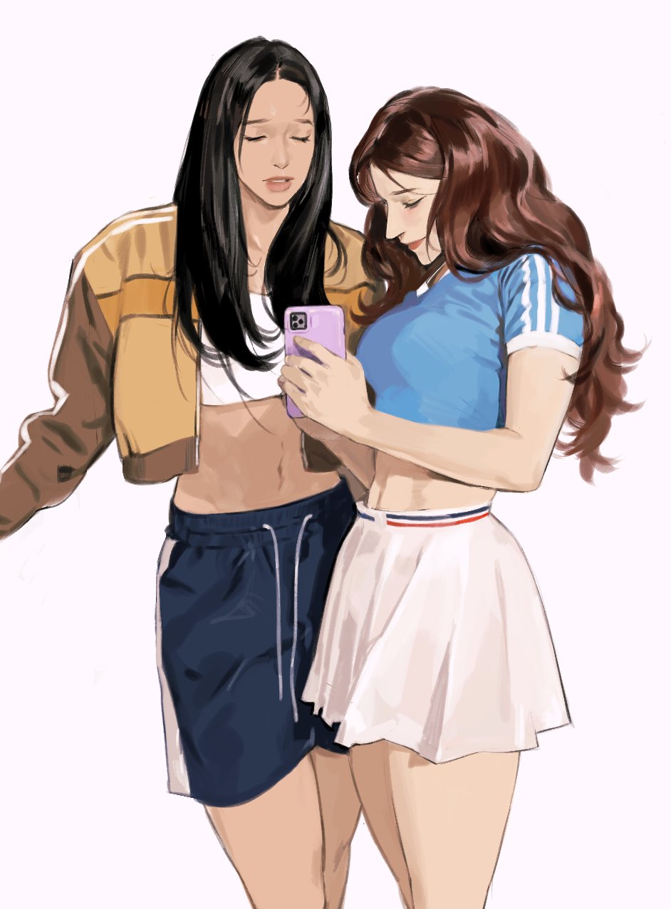 2girls, black_hair, blue_shirt, blue_shorts, bomber_jacket, breasts, brown_hair, brown_jacket