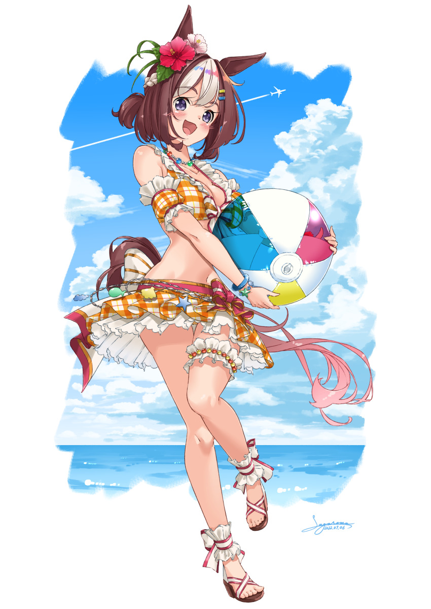 1girl, absurdres, aircraft, airplane, animal_ears, arm_garter, ball, bare_shoulders, beachball, bead_necklace, beads, bikini, bikini_skirt, black_eyes, blush, bracelet, breasts, brown_hair, cleavage, cloud, contrail, dated, flower, frilled_bikini, frills, hair_flower, hair_ornament, hairclip, halterneck, hibiscus, high_heel_sandals, high_heels, highres, holding, holding_ball, holding_beachball, horizon, horse_ears, horse_girl, horse_tail, jewelry, midriff, navel, necklace, open_mouth, orange_bikini, plaid_bikini, plaid_clothes, sagoromo_04, sandals, short_hair, signature, small_breasts, smile, solo, special_week_(hopp'n_happy_heart)_(umamusume), special_week_(umamusume), strappy_heels, swimsuit, tail, thigh_strap, toes, umamusume, wristband