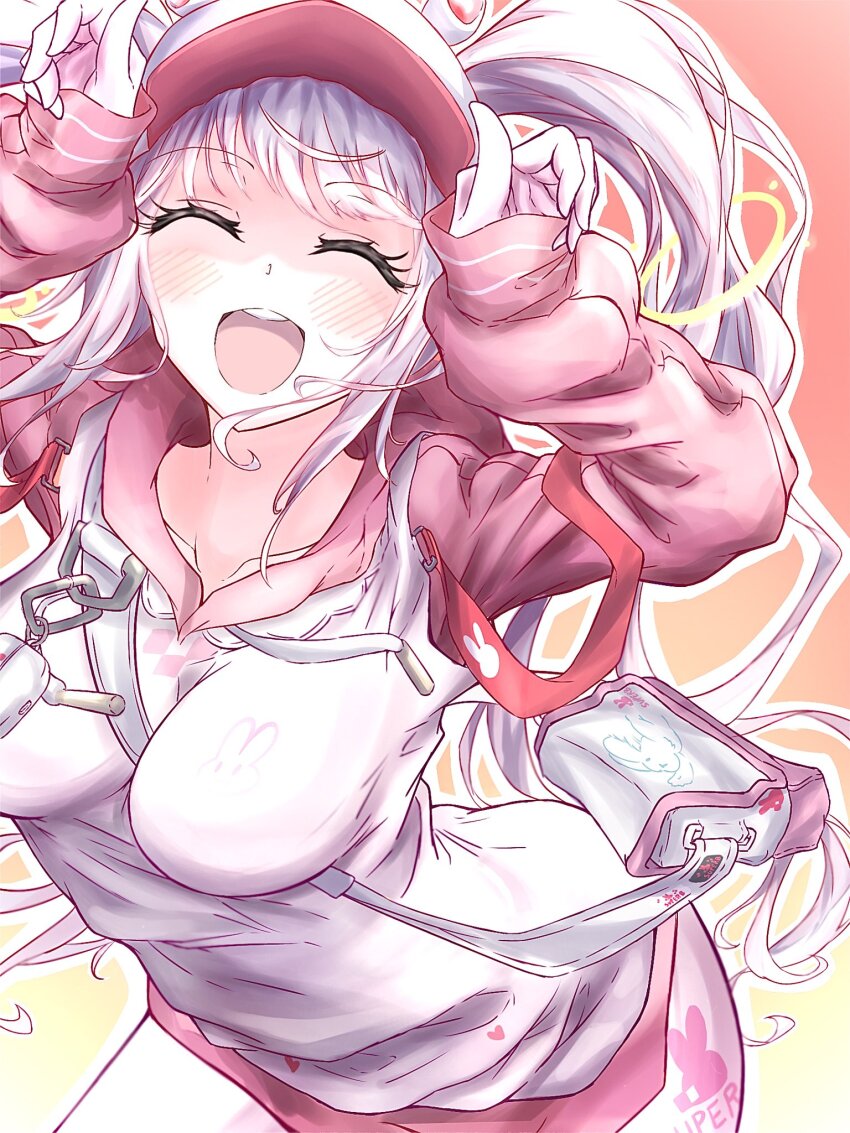 1girl, :d, ^_^, alice_(nikke), alice_(sweet_home)_(nikke), animal_ear_headwear, animal_ears, animal_hat