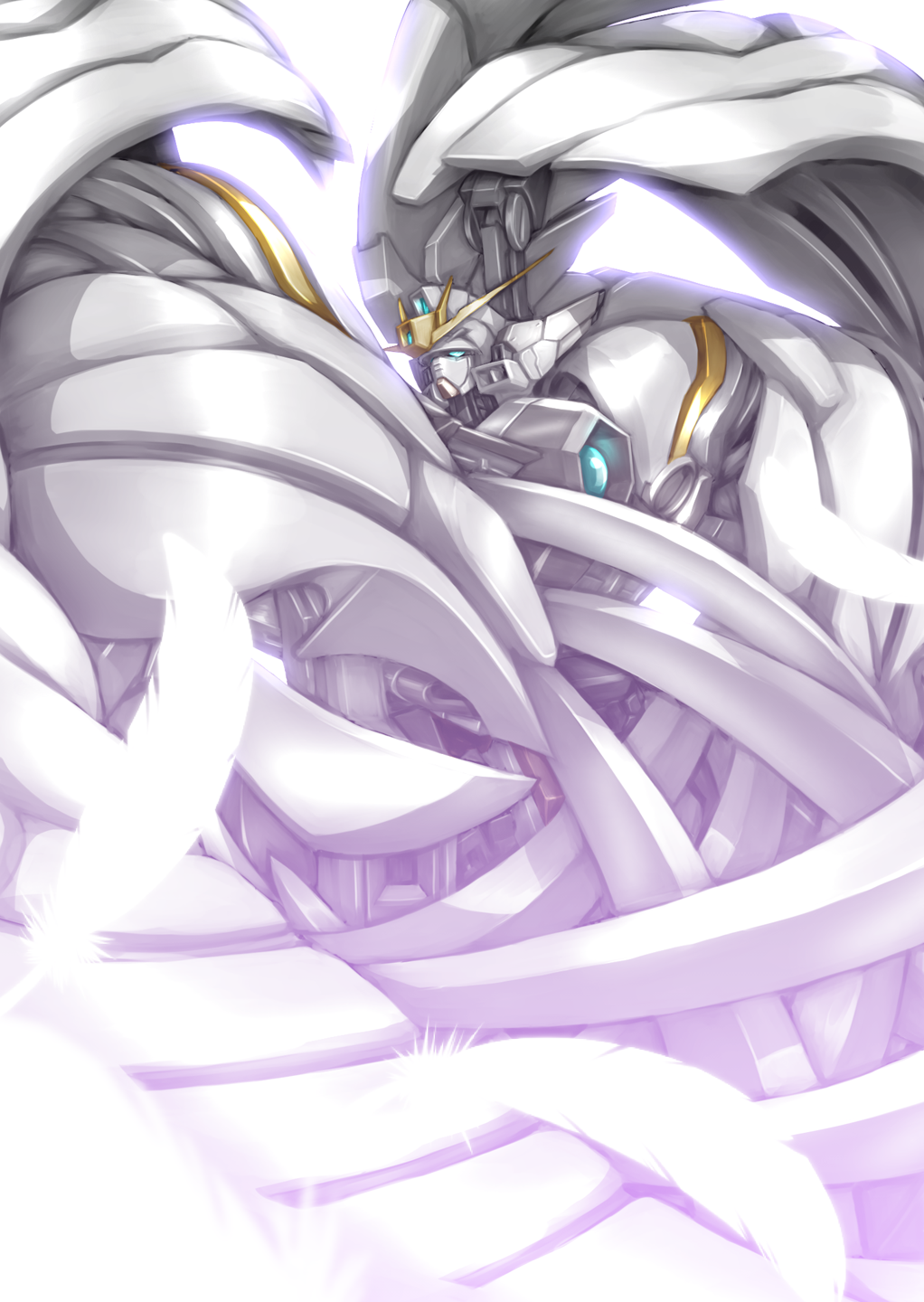 feathers, glowing, gundam, gundam_wing, gundam_wing:_frozen_teardrop, highres, hiraken, looking_to_the_side, mecha, mechanical_wings, mobile_suit, no_humans, robot, science_fiction, solo, v-fin, white_background, wing_gundam_snow_white_prelude, wings