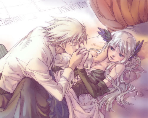 1boy, 1girl, bad_id, bad_pixiv_id, bed, blue_eyes, closed_eyes, couple, dress, elbow_gloves, gloves, gwendolyn_(odin_sphere), hand_on_another's_face, head_wings, hetero, holding_hands, kiss, kissing_hand, long_hair, lowres, odin_sphere, oswald, short_hair, sleeveless, sleeveless_dress, smile, strapless, strapless_dress, takamizawa_mayu, valkyrie, white_hair, wings