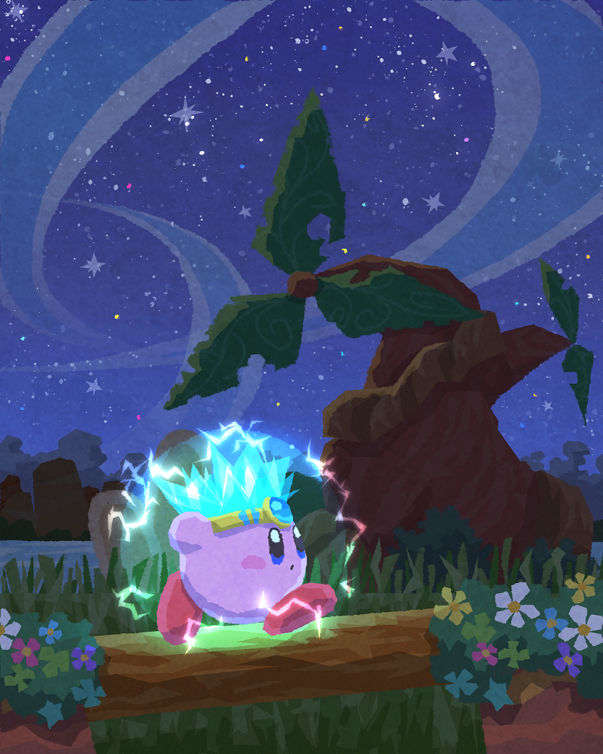 blush_stickers, flower, glowing, grass, highres, kirby, kirby_(series), log