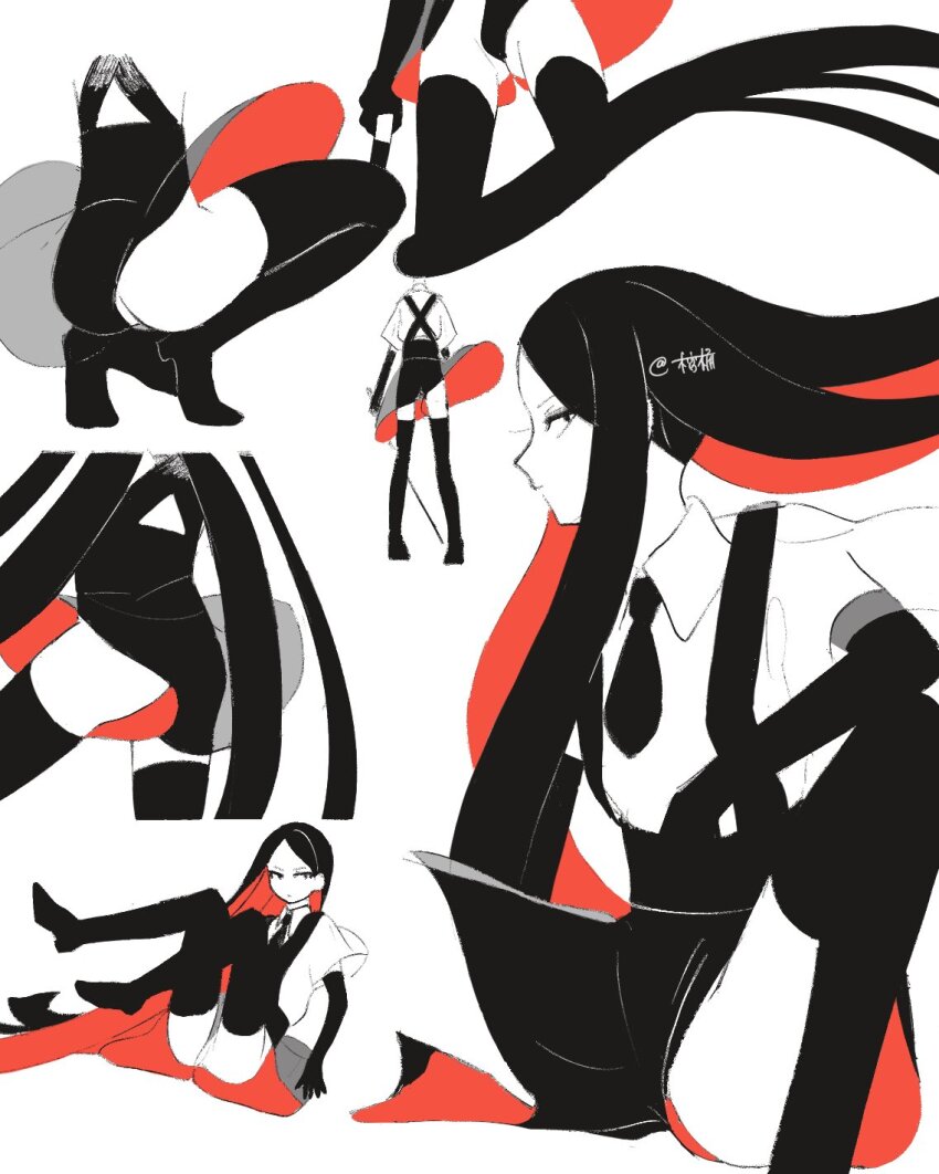 1other, artist_name, ass, black_gloves, black_hair, black_necktie, black_shorts, black_thighhighs