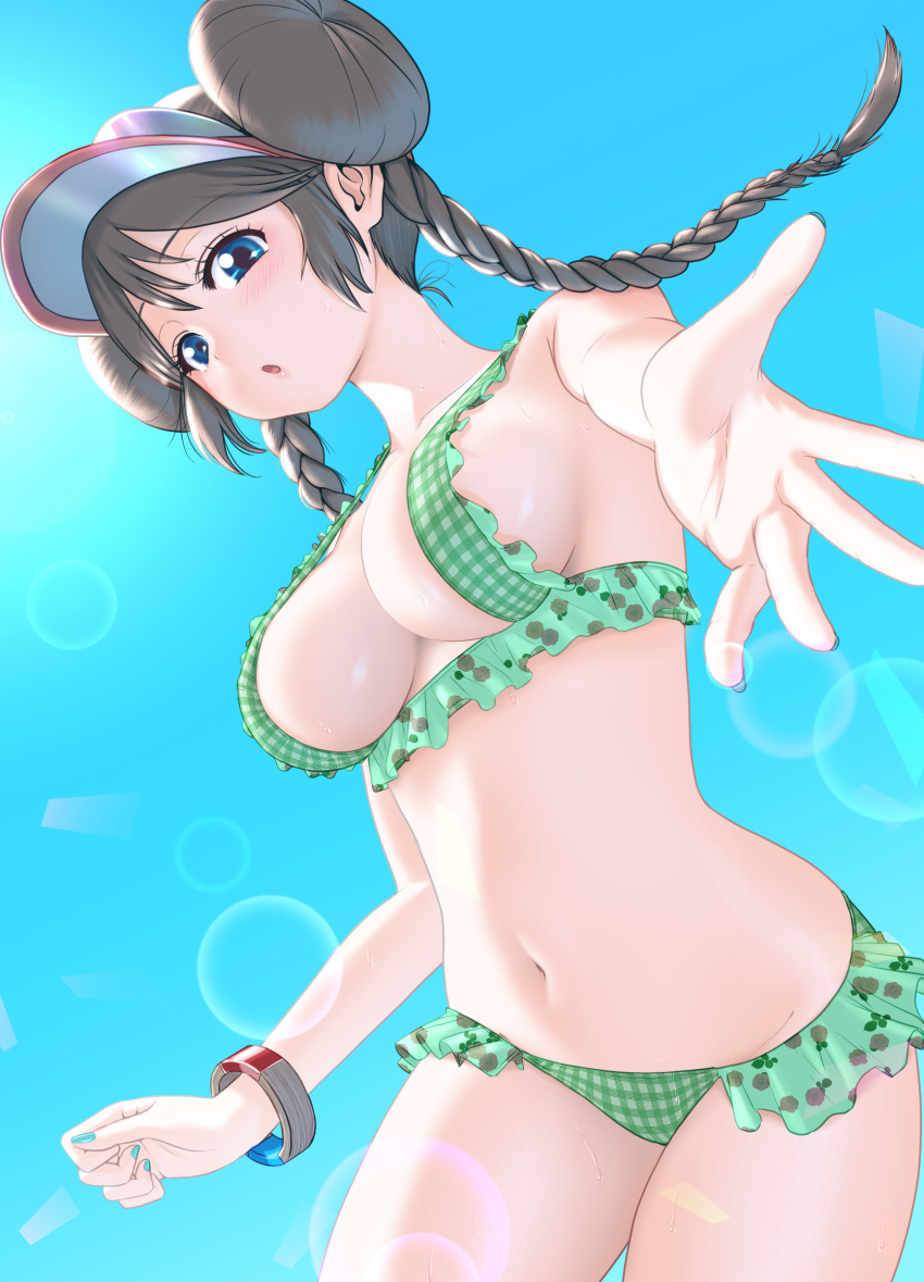 1girl, :o, absurdres, aqua_nails, bikini, blue_eyes, blue_sky, bracelet, breasts, brown_hair, day, donut_hair_bun, double_bun, floating_hair, frilled_bikini, frills, green_bikini, hadairo_rainbow, hair_bun, highres, jewelry, large_breasts, lens_flare, long_hair, looking_at_viewer, navel, nintendo, open_hand, open_mouth, outdoors, outstretched_arm, plaid_bikini, plaid_clothes, pokemon, pokemon_black_2_and_white_2, rosa_(pokemon), sky, smile, solo, stomach, sunlight, swimsuit, thighs, twintails, visor_cap