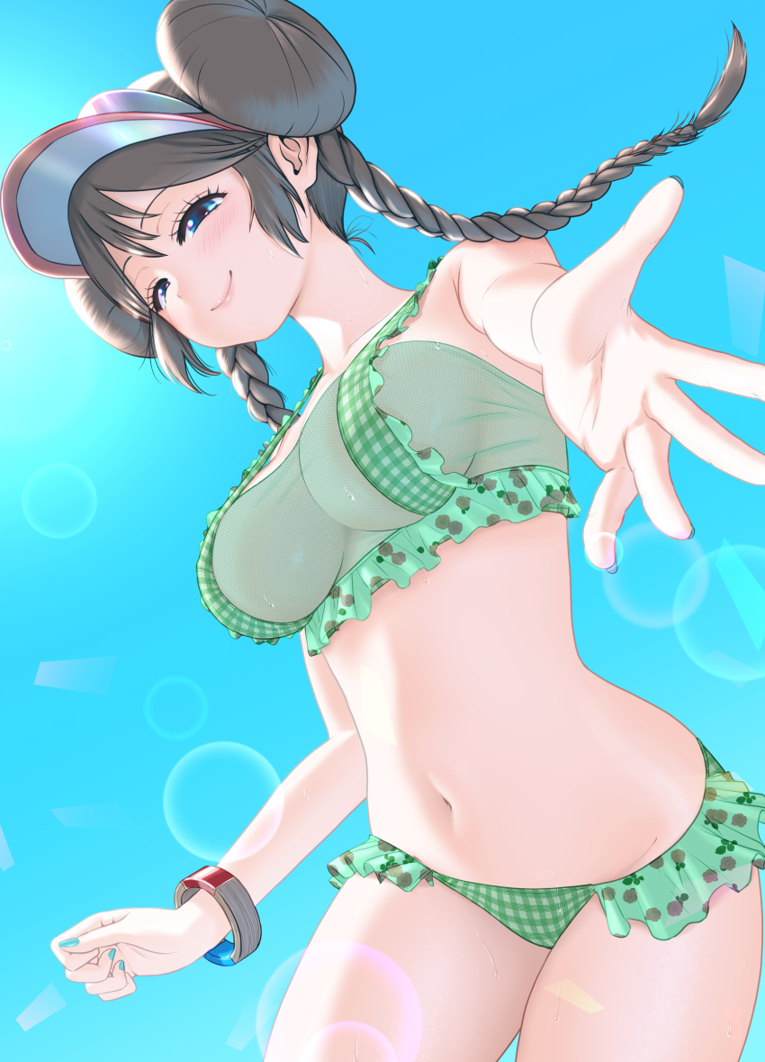 1girl, absurdres, aqua_nails, bikini, blue_eyes, blue_sky, bracelet, breasts