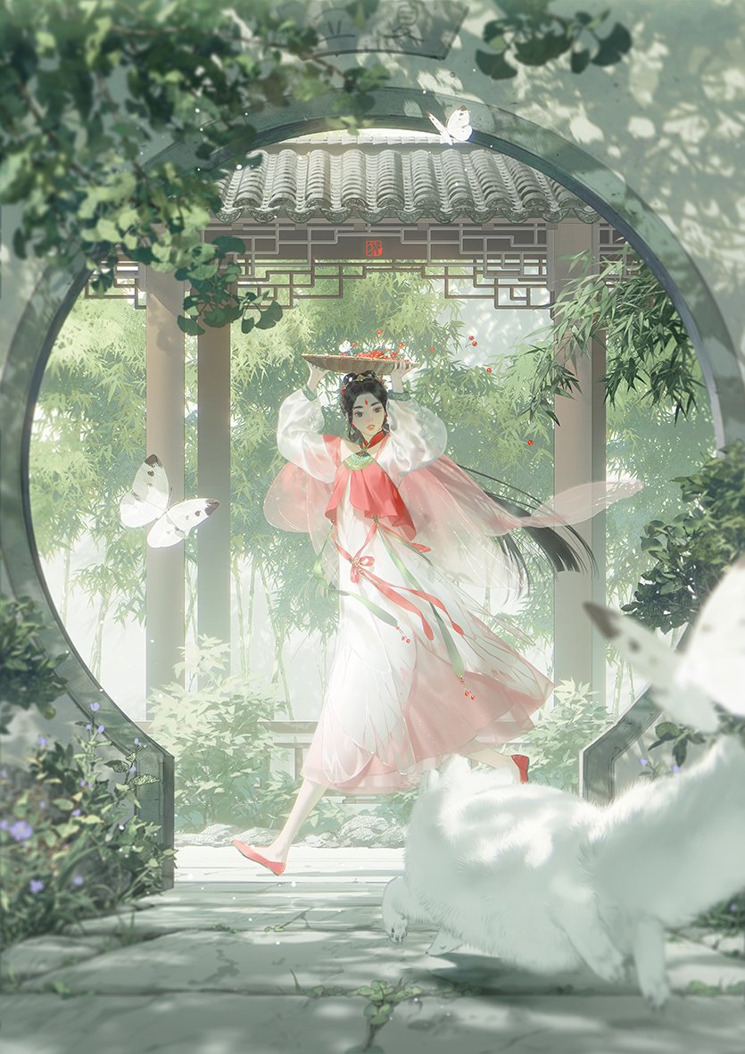 1girl, animal, architecture, arms_up, bamboo, basket, black_hair, blurry