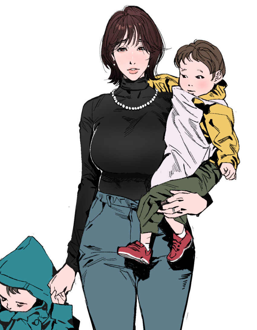 1girl, 2boys, aged_up, alternate_breast_size, blue_jacket, blue_pants, blush, breasts, brothers, brown_eyes, brown_hair, carrying, carrying_person, cbb_(tuucoo), denim, earrings, green_pants, highres, hood, hood_up, hoodie, jacket, jeans, jewelry, k-pop, large_breasts, looking_down, mother_and_child, mother_and_son, multiple_boys, necklace, pants, parent_and_child, parted_lips, real_life, red_footwear, red_velvet_(group), seulgi_(red_velvet), shoes, siblings, sneakers, solo_focus, straight-on, sweater, turtleneck, turtleneck_sweater, yellow_hoodie