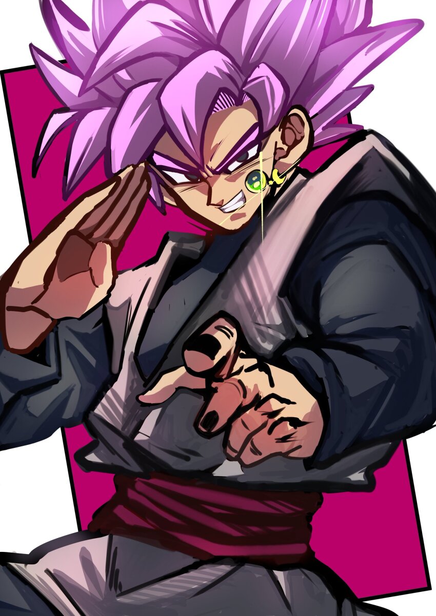 1boy, black_nails, dougi, dragon_ball, dragon_ball_super, earrings, fighting_stance, foreshortening