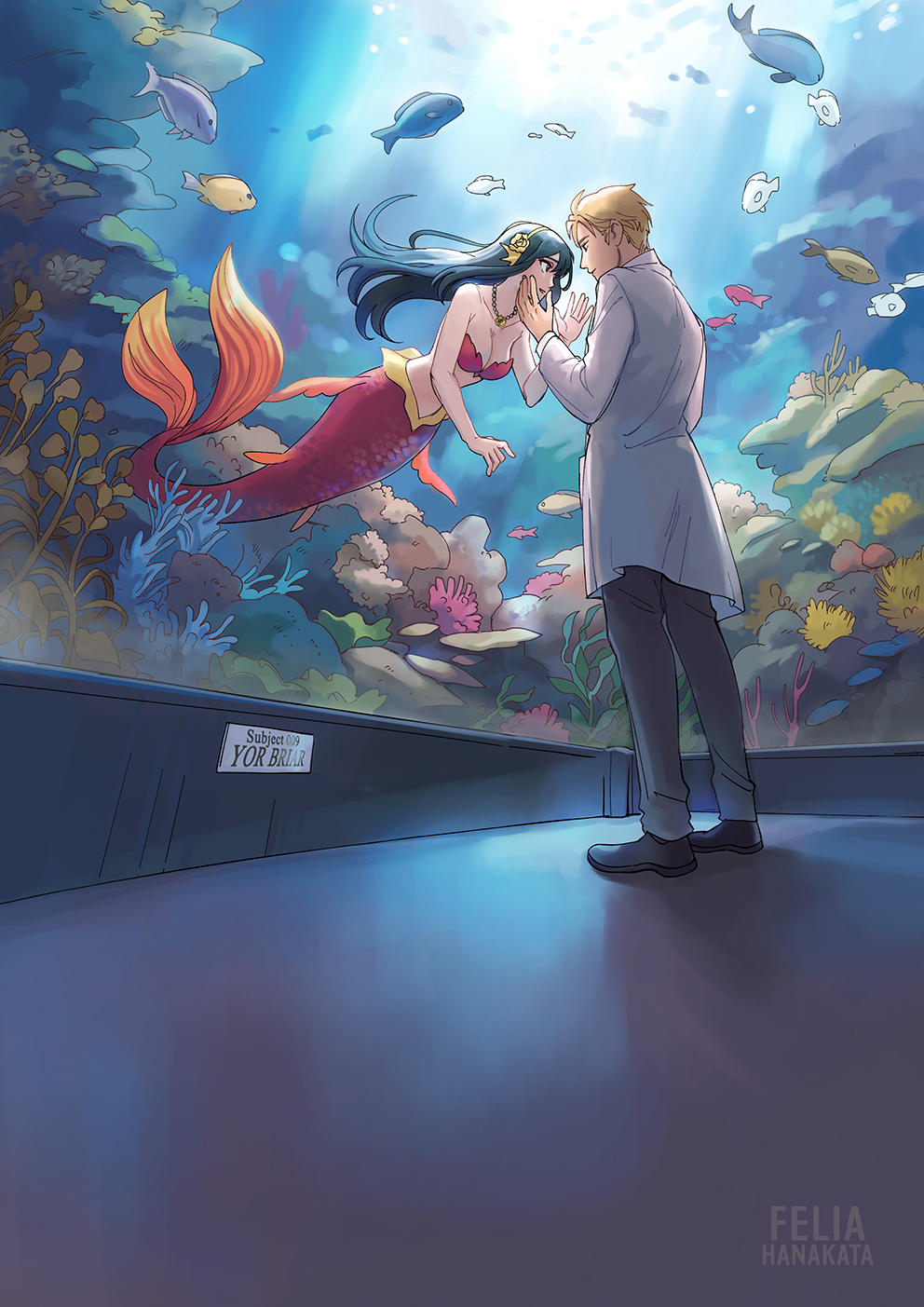 1boy, 1girl, alternate_universe, aquarium, bare_shoulders, black_footwear, black_hair, blonde_hair
