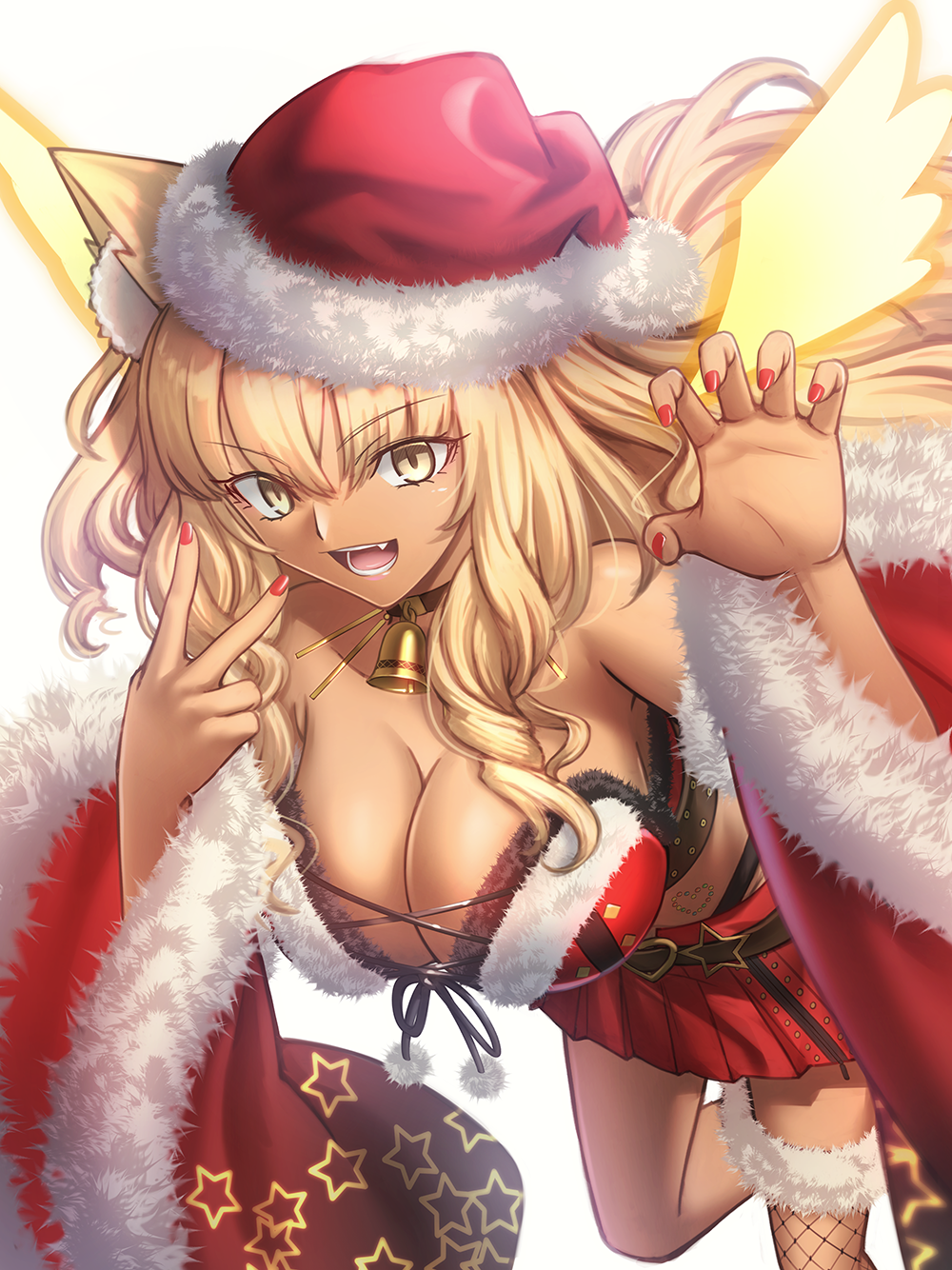 1girl, animal_ear_fluff, animal_ears, bare_shoulders, bell, blonde_hair, breasts, cleavage