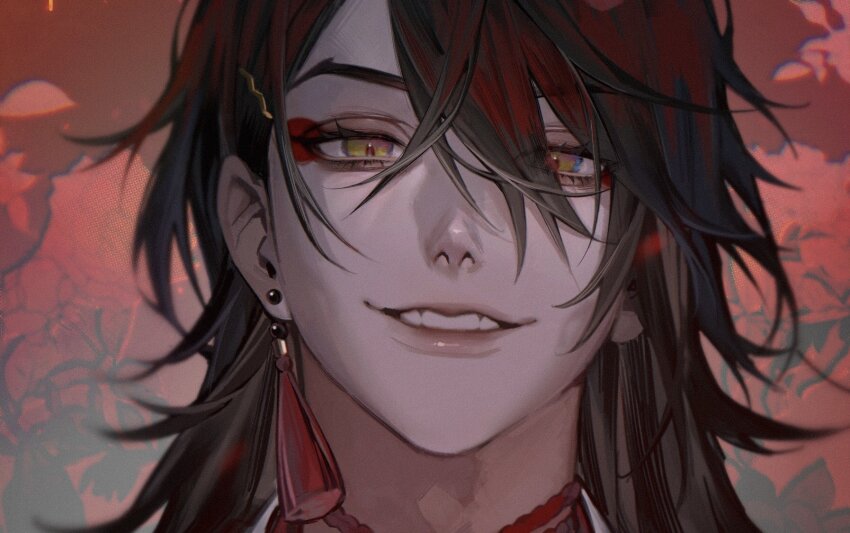 1boy, black_hair, choker, commentary_request, crossed_bangs, earrings, eyelashes, eyes_visible_through_hair