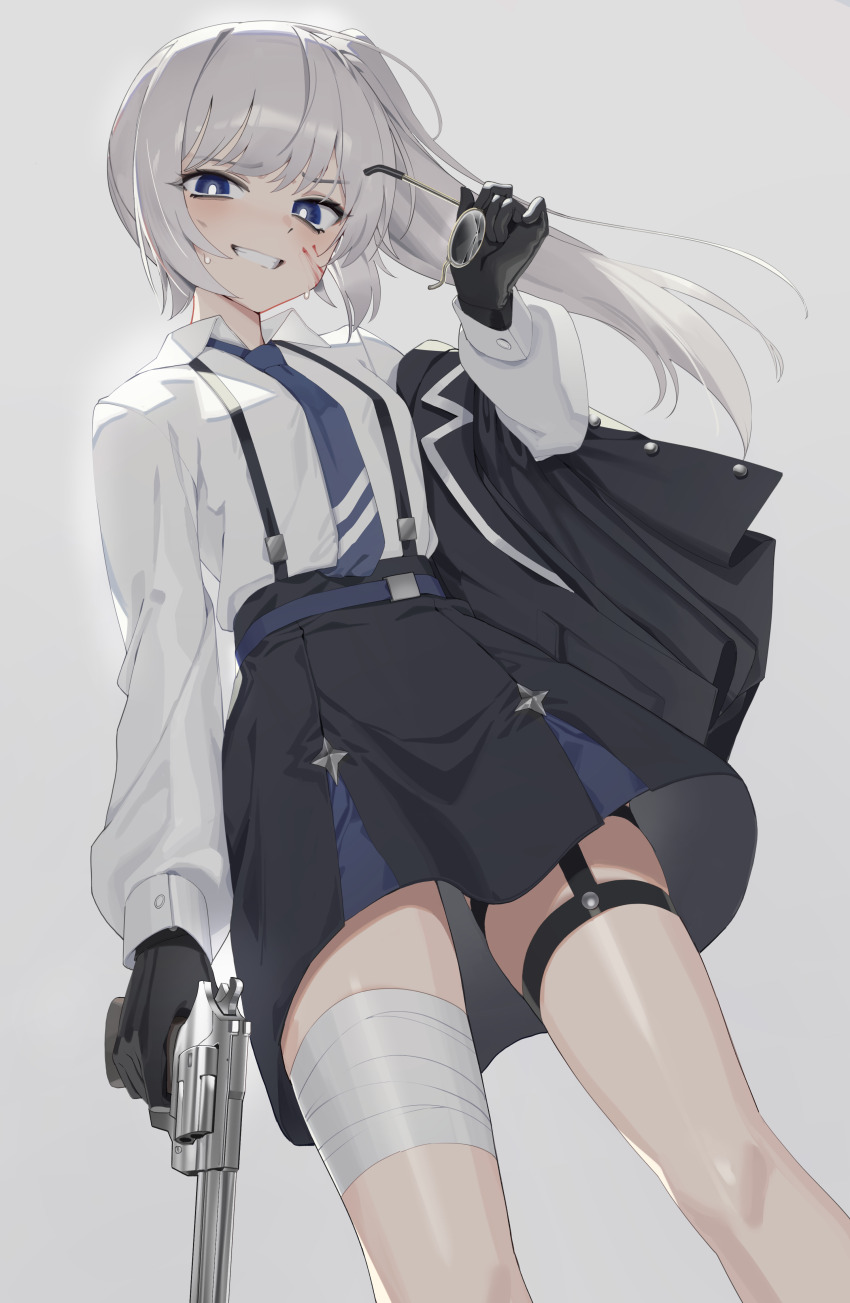 1girl, 44_magnum, absurdres, bandaged_leg, bandages, black_gloves, black_skirt, blood, blood_on_face, blue_eyes, blue_necktie, buttoned_cuffs, buttons, clenched_teeth, commission, copyright_request, diagonal-striped_clothes, diagonal-striped_necktie, gloves, goback, grey_background, grey_hair, gun, handgun, highres, holding, holding_gun, holding_removed_eyewear, holding_weapon, long_hair, looking_at_viewer, monocle, necktie, shirt, side_ponytail, simple_background, skirt, smile, solo, standing, striped_clothes, teeth, unworn_eyewear, weapon, white_shirt