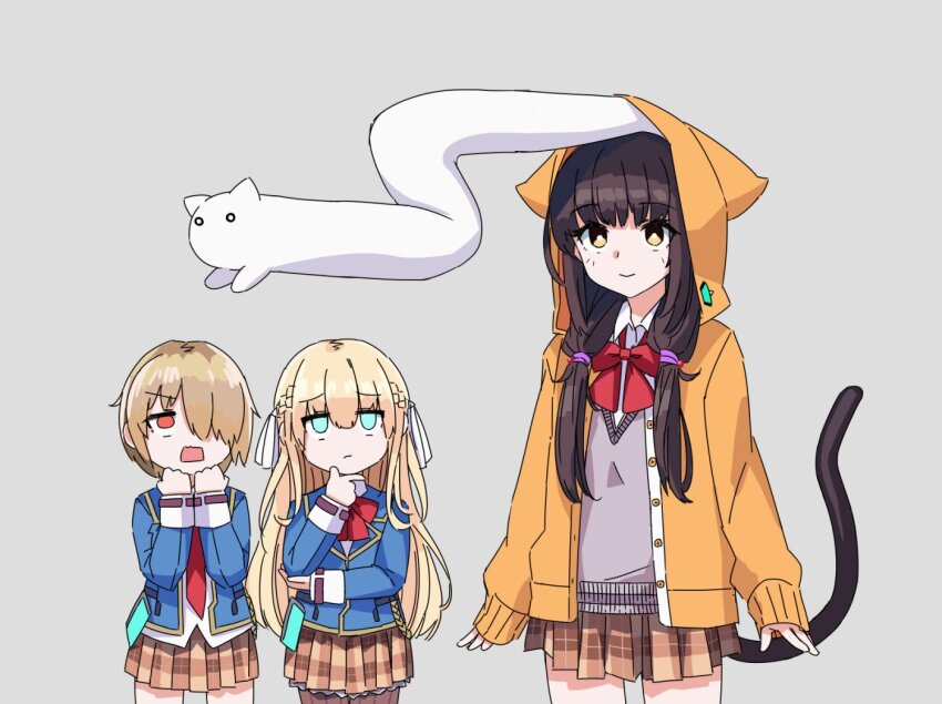 3girls, animal, animal_on_head, aqua_eyes, asakura_karen_(heaven_burns_red), black_hair, blonde_hair, blue_jacket, bow, bowtie, braid, brown_skirt, cat_tail, closed_mouth, collared_shirt, hair_over_one_eye, hair_ribbon, half_up_braid, hand_on_own_chin, heaven_burns_red, hood, hood_up, hooded_jacket, jacket, kayamori_ruka, long_hair, long_sleeves, low_twintails, multiple_girls, necktie, niboshi_917, on_head, one_eye_covered, open_mouth, orange_eyes, plaid_clothes, plaid_skirt, pleated_skirt, red_bow, red_bowtie, red_necktie, ribbon, school_uniform, shirt, short_hair, skirt, stroking_own_chin, sweater_vest, tail, toujou_tsukasa, twintails, upper_body, white_background, white_ribbon, yellow_eyes, yellow_jacket