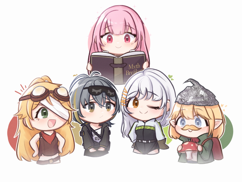 5girls, ahoge, bandage_over_one_eye, blonde_hair, blue_eyes, book, gawr_gura, gloves