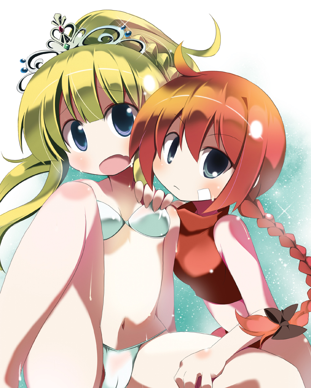 2girls, atlus, bikini, blonde_hair, braid, etrian_odyssey, highres, monk_(sekaiju)