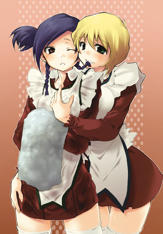 00s, 2girls, :d, ;o, aki_eda, apron, blonde_hair, blue_hair