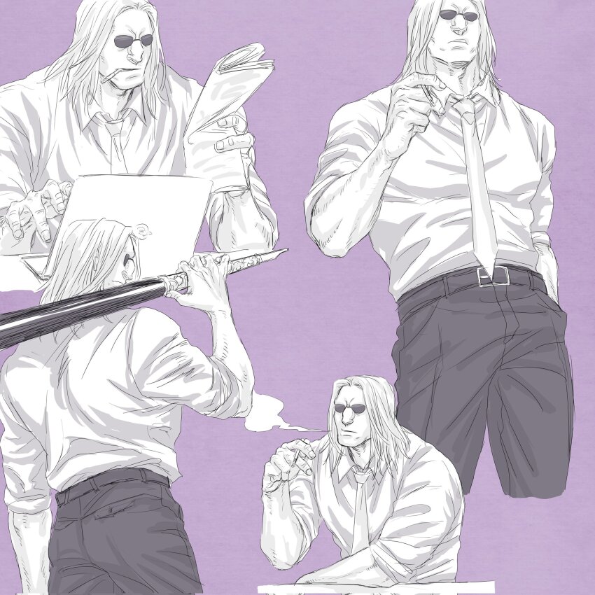 1boy, large_nose, collage, feet_out_of_frame, greyscale_with_colored_background, highres, holding, holding_newspaper