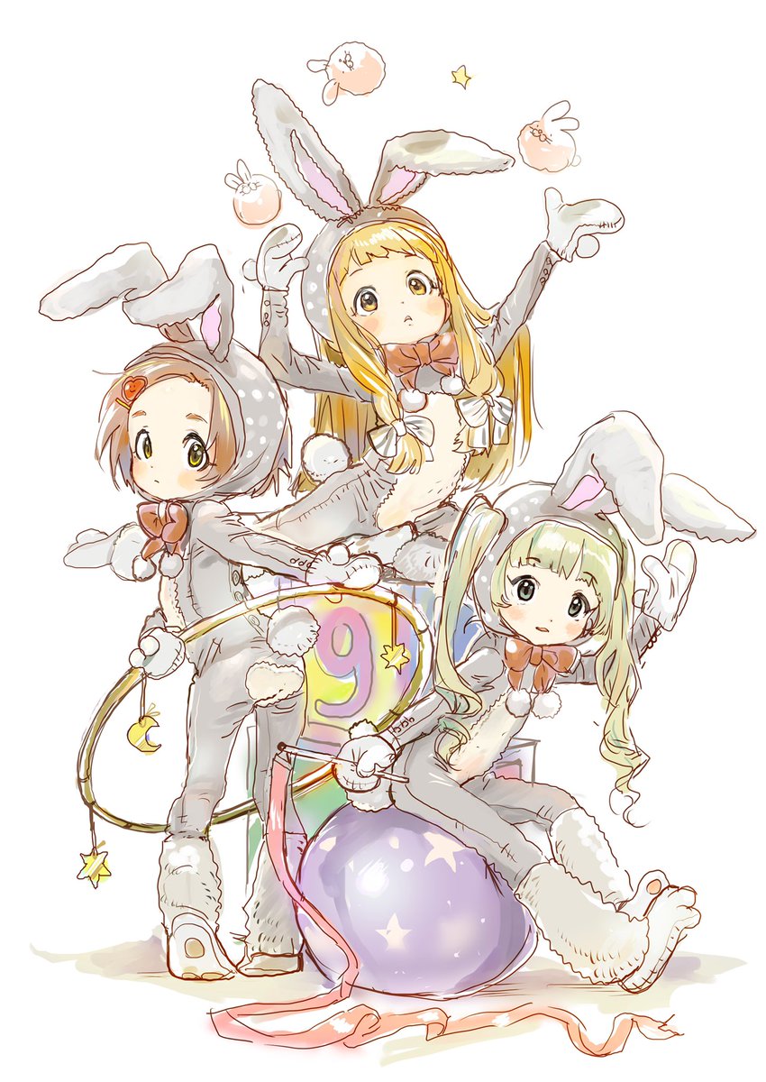 3girls, alphabet_blocks, animal_costume, bad_id, bad_twitter_id, ball, bow, bowtie