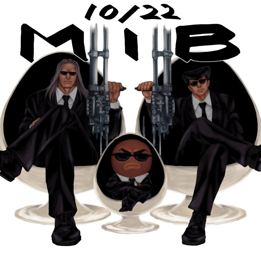 3boys, alternate_costume, alternate_weapon, large_nose, black_suit, formal_clothes, full_body, gun, highres, holding, holding_gun, holding_weapon, hunter_x_hunter, ikalgo, knuckle_bine, long_hair, male_focus, men_in_black, morel_mackernasey, multiple_boys, necktie, nkwtsrsk_hh, no_eyebrows, shirt, sitting, suit, sunglasses, weapon, weapon_request, wrinkled_skin